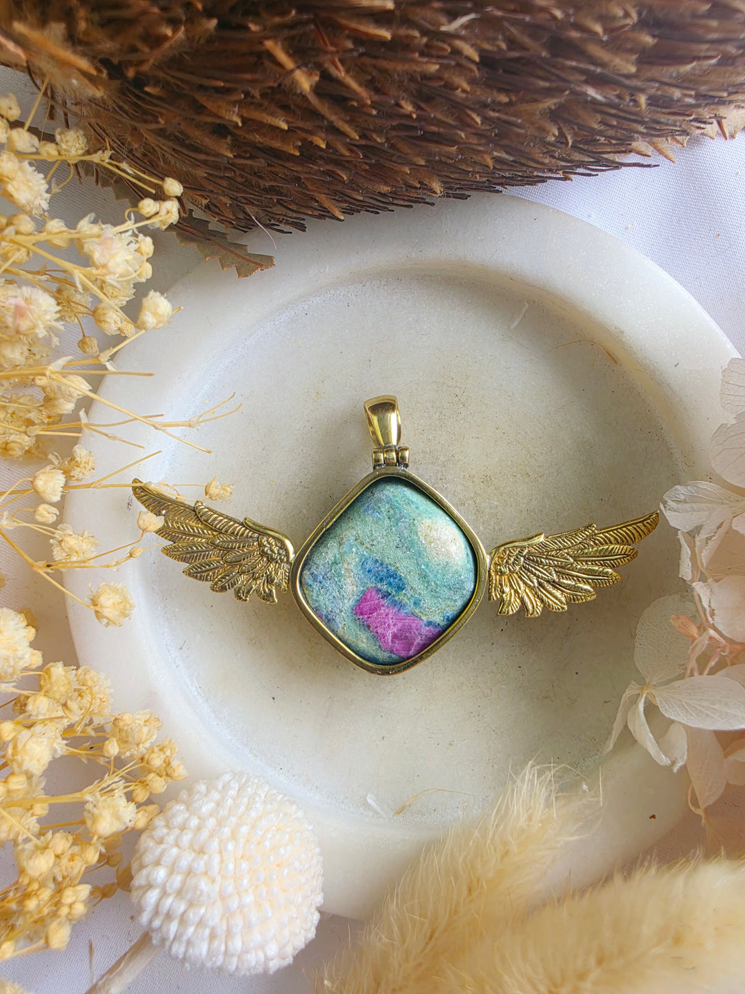 Ruby Fucshite Anahata Brass Pendant