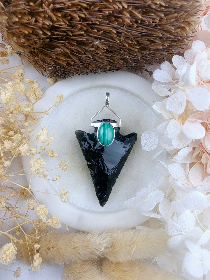 Black Obsidian Arrowhead & Malachite Silver Protector Pendant