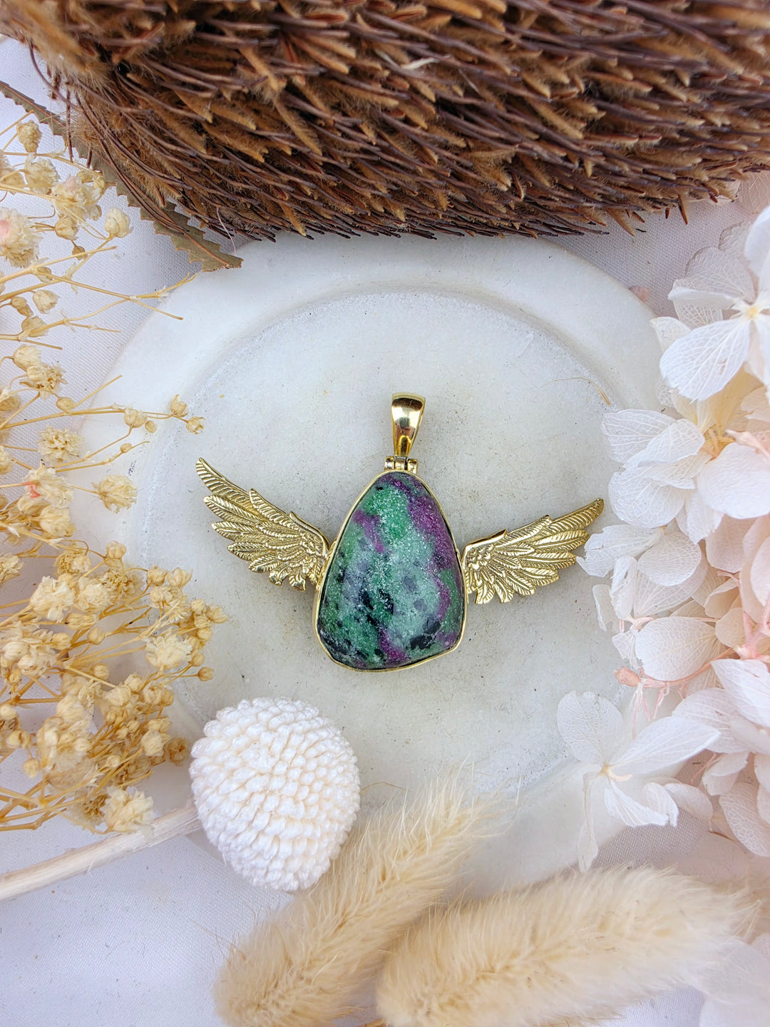Ruby Zoisite Anahata Brass Pendant