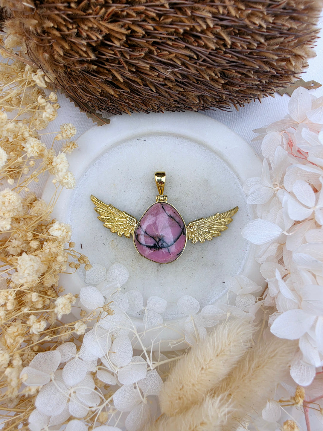 Rhodonite Anahata Brass Pendant