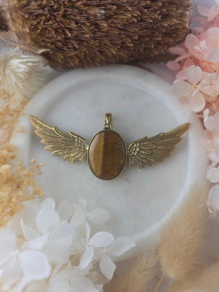 Tigers Eye Winged Brass Goddess Pendant