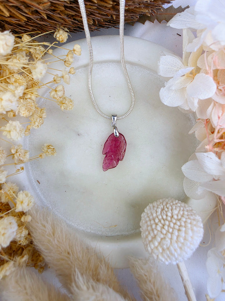 Pink Tourmaline Leaf Silver Pendant