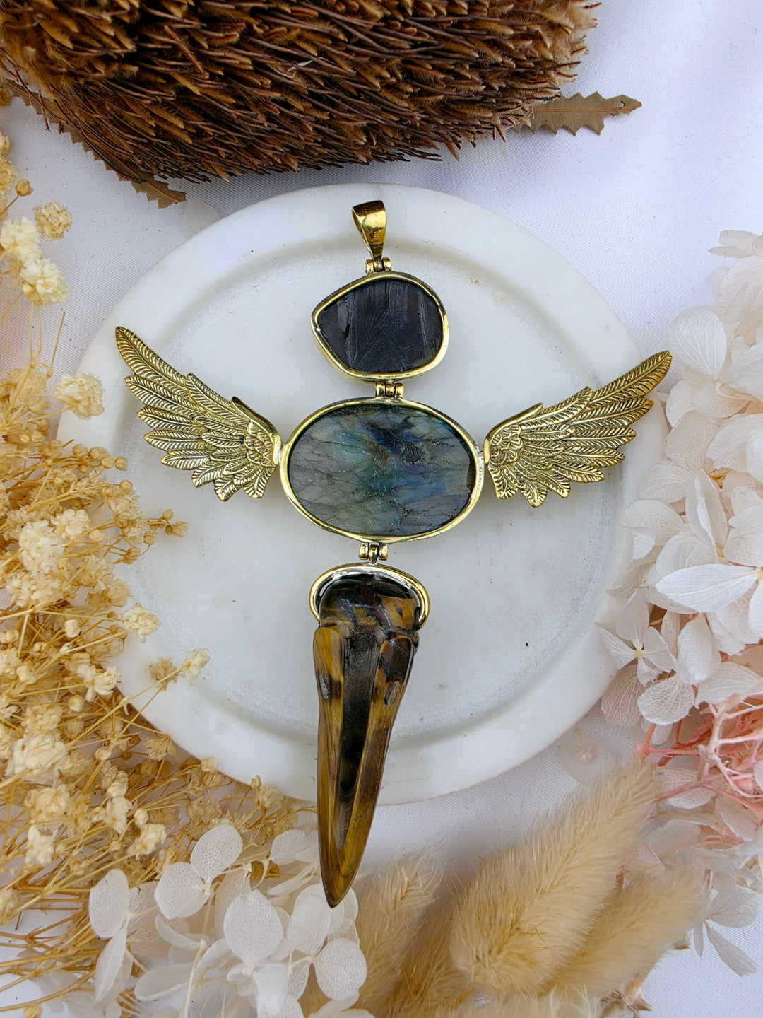Apache Tear, Labradorite & Tigers Eye Raven Skull Anahata Brass Pendant