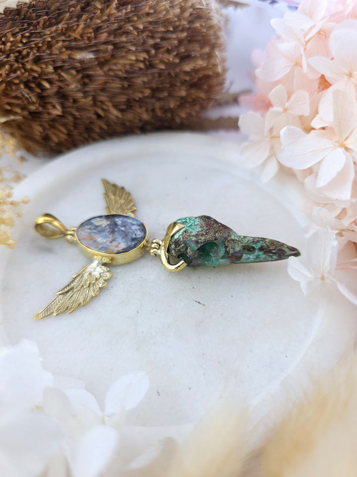 Chrysoprase Raven Skull with Opal Winged Brass Pendant