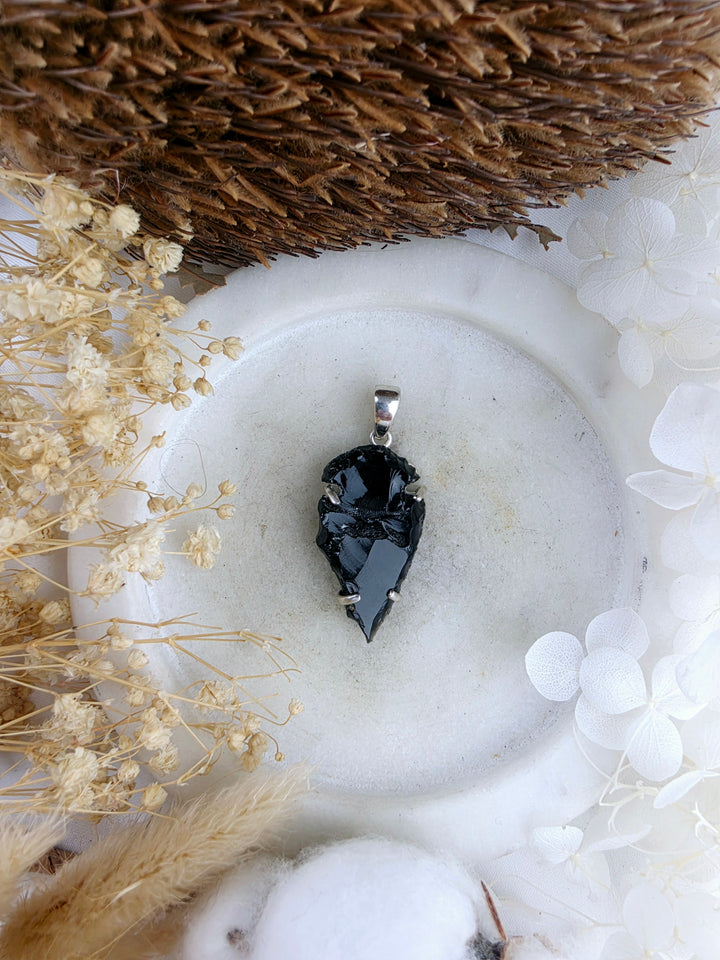 Black Obsidian Arrowhead Silver Pendant
