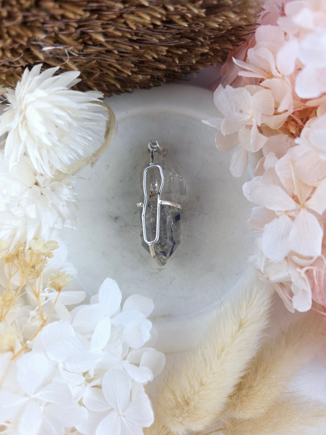 Clear Quartz with Enhydro Bubble Double Terminator Silver Pendant