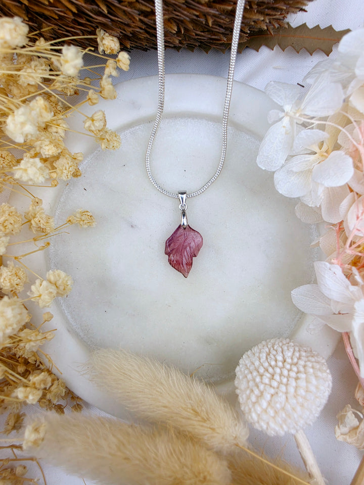 Pink Tourmaline Leaf Silver Pendant