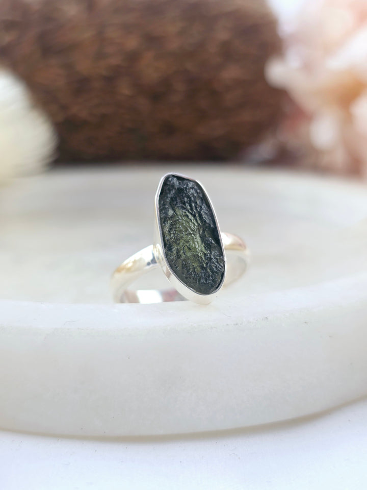 Moldavite Silver Ring - Size 8 3/4