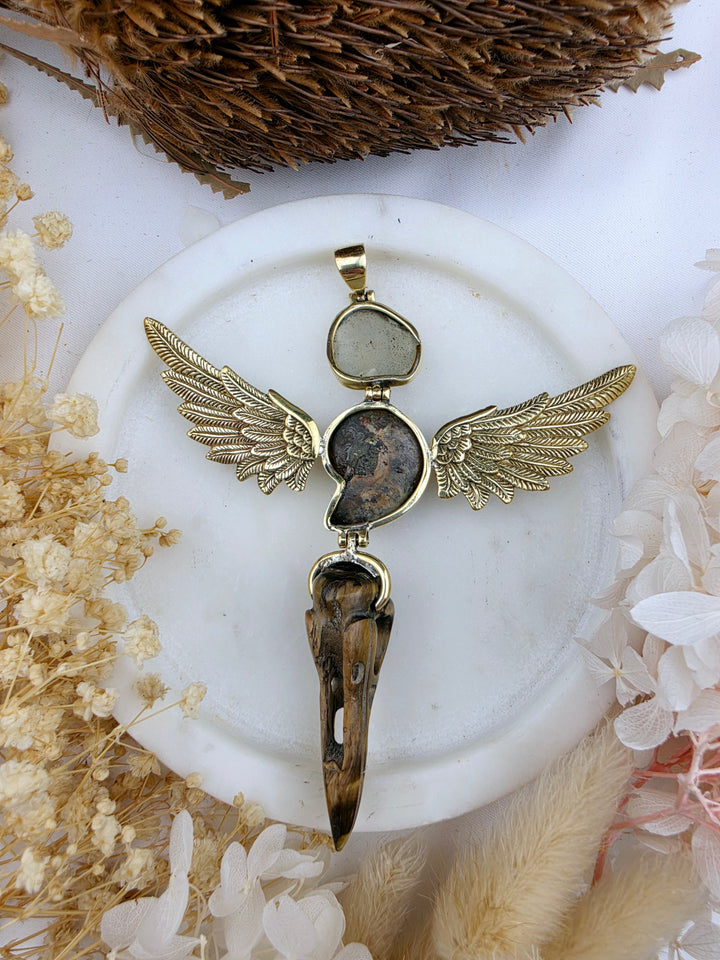 Libyan Desert Glass, Ammonite & Tigers Eye Raven Skull Anahata Brass Pendant