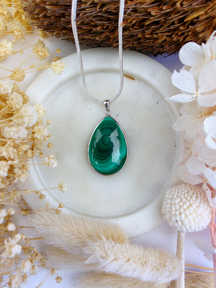 Malachite Silver Tear Drop Pendant — Transform & Rise