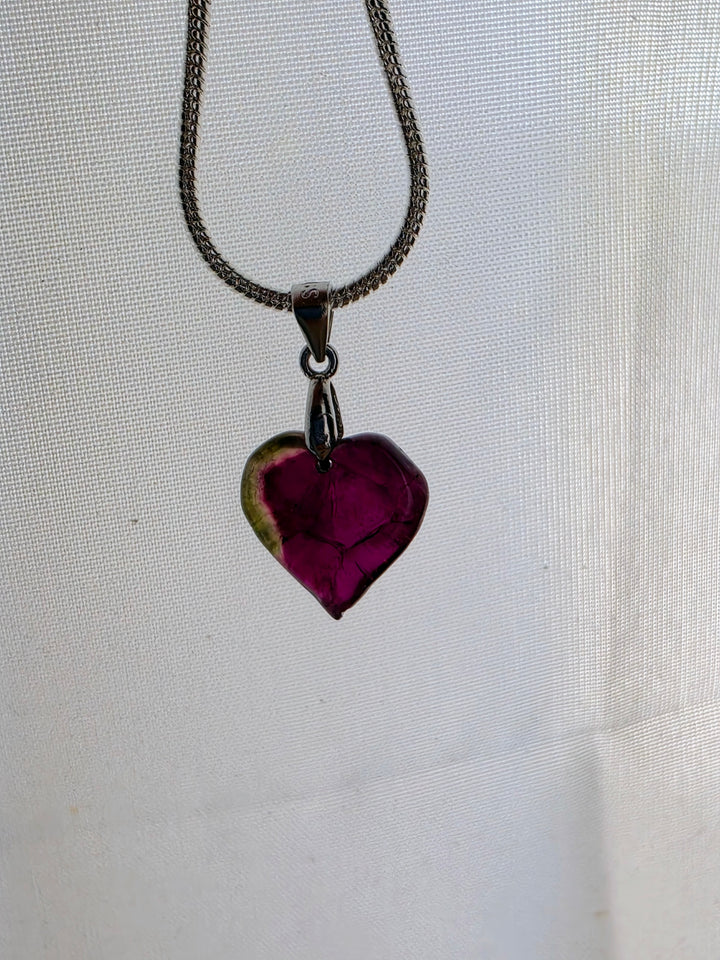 Watermelon Tourmaline Heart Silver Pendant