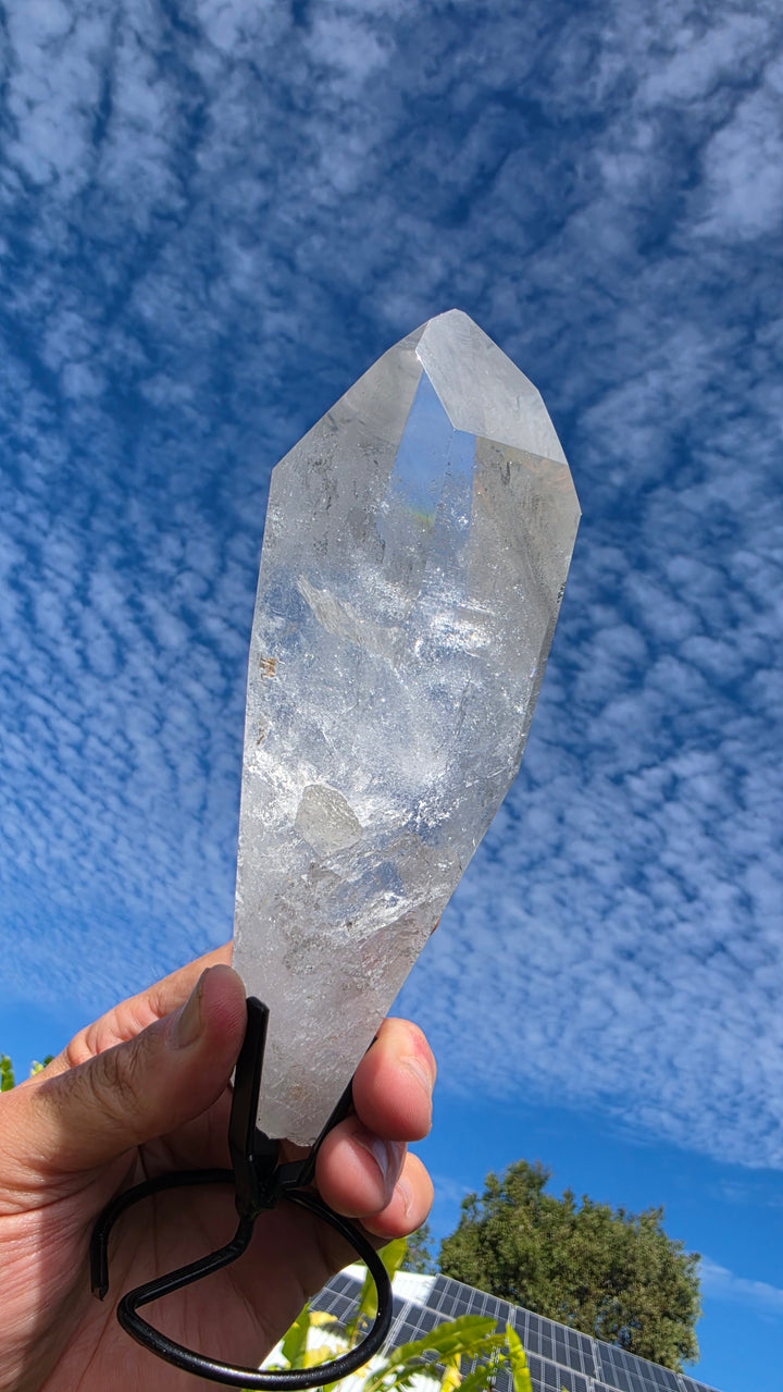 Lemurian Seed with Black Chlorite Phantom Quartz with Metal Stand