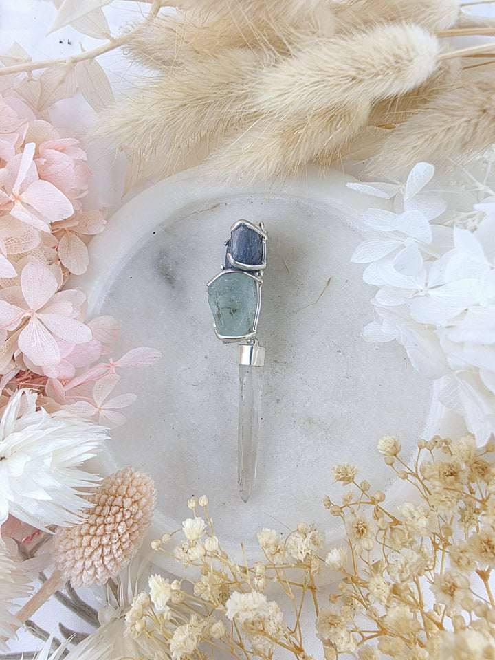 Aquamarine, Tanzanite & Clear Quartz Wand Silver Pendant