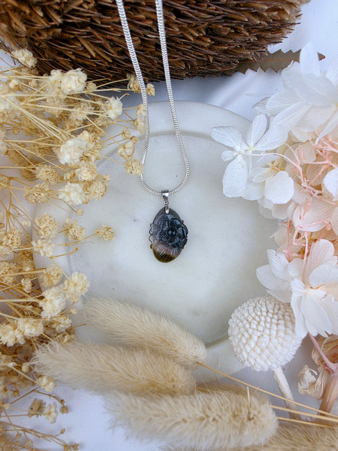 Indicolite (Blue) & Watermelon Tourmaline Peony Silver Pendant