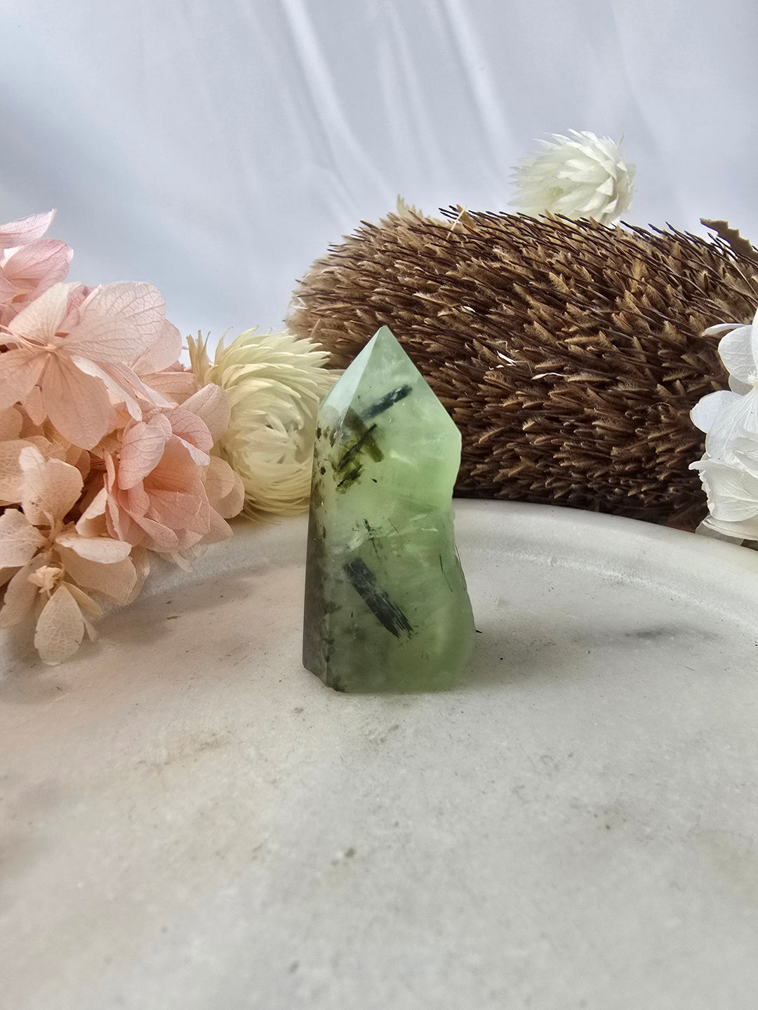Prehnite with Black Tourmaline & Epidote Tower
