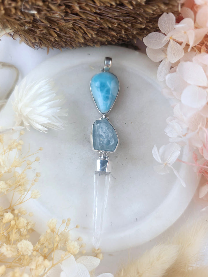 Aquamarine, Larimar & Clear Quartz Wand Silver Pendant