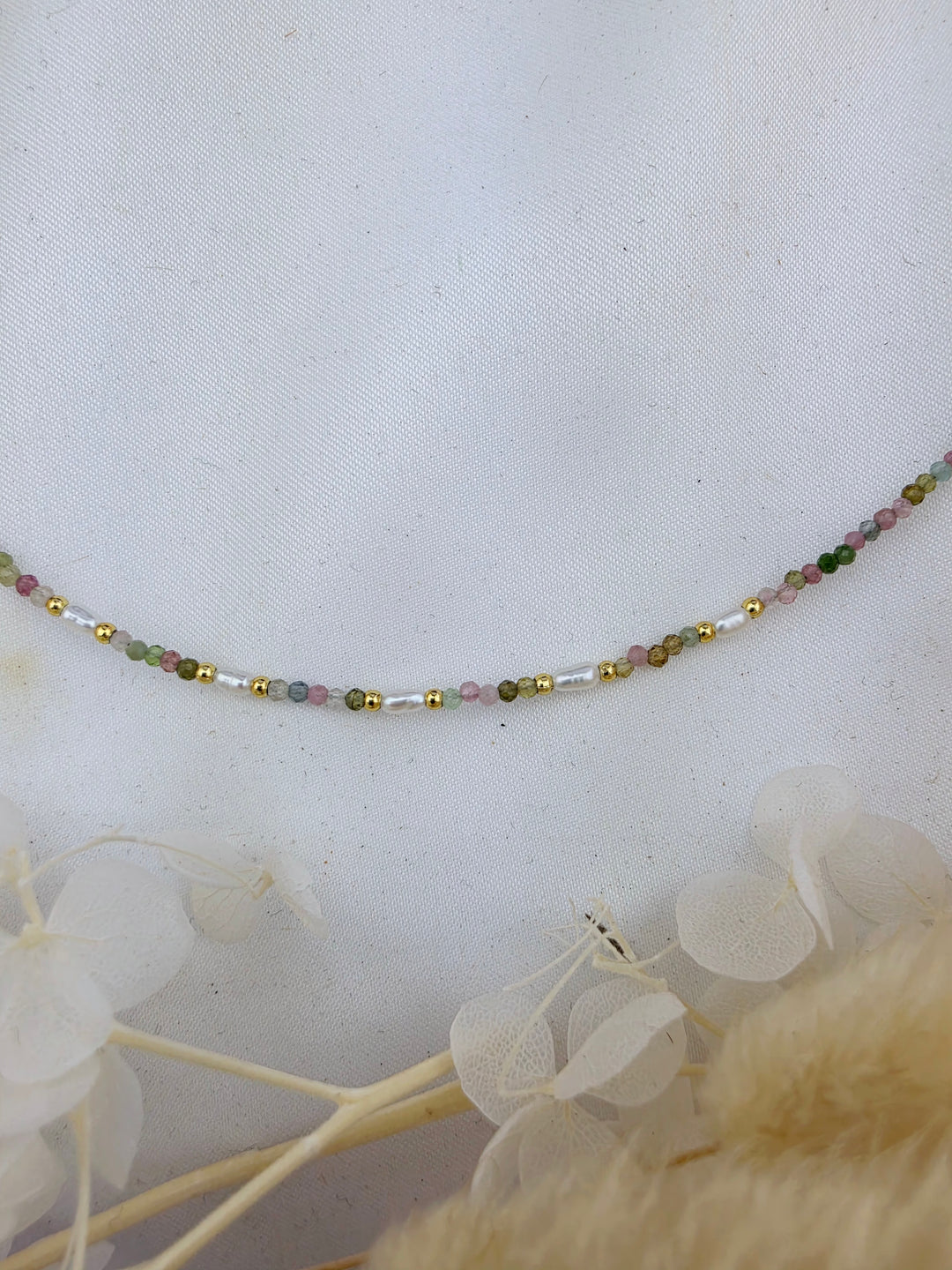 Watermelon Tourmaline Faceted Pearl Necklace - 2mm