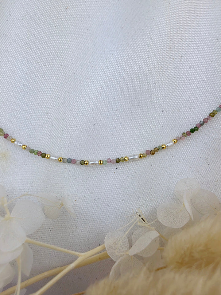 Watermelon Tourmaline Faceted Pearl Necklace - 2mm