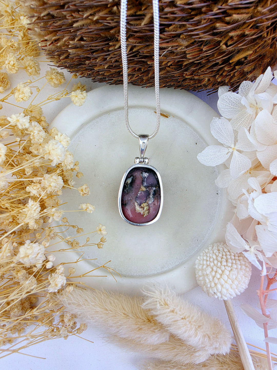 Pink Opal Tumbled Silver Pendant