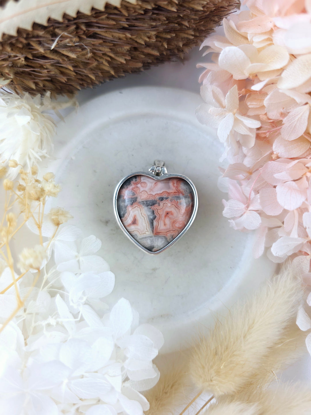 Crazy Lace Agate Heart Silver Pendant