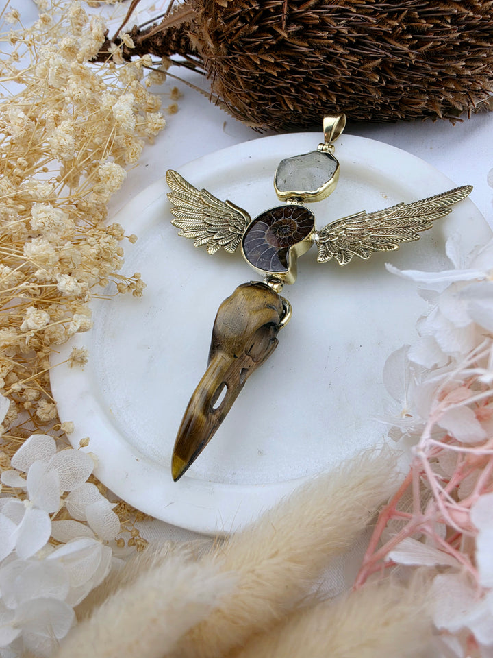 Libyan Desert Glass, Ammonite & Tigers Eye Raven Skull Anahata Brass Pendant