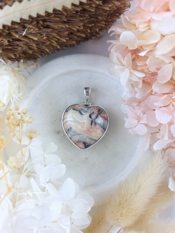 Crazy Lace Agate Heart Silver Pendant