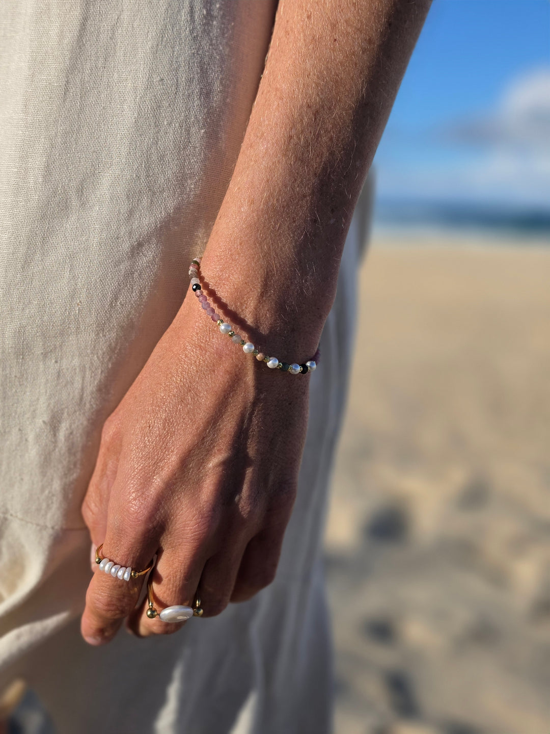 Watermelon Tourmaline Faceted Pearl Bracelet - 4mm (Adjustable Chain)