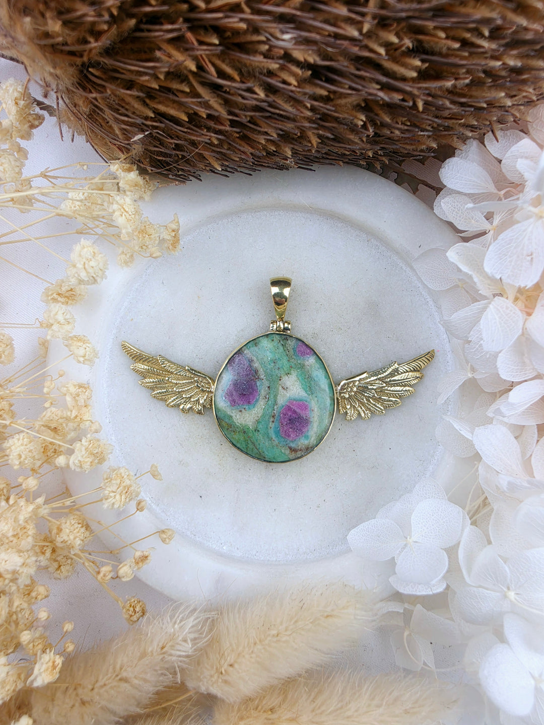 Ruby Fucshite Anahata Brass Pendant