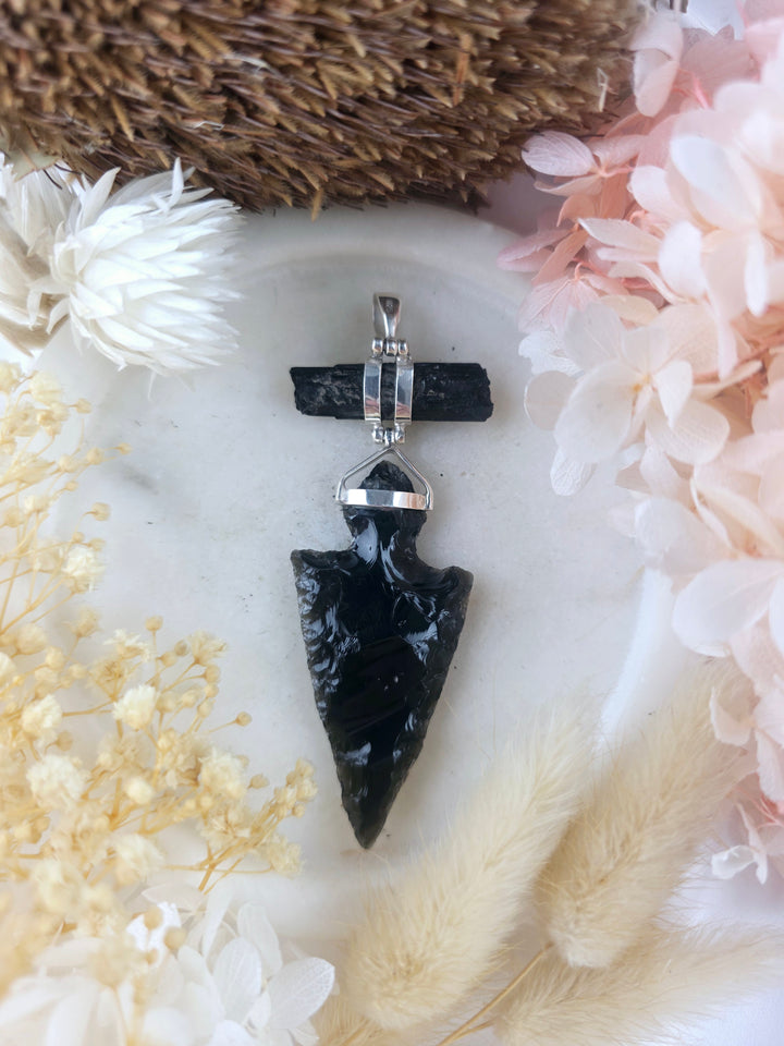 Black Obsidian Arrowhead & Black Tourmaline Silver Pendant