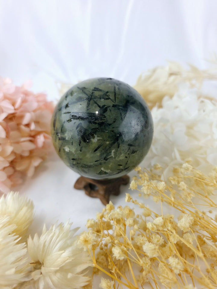 Prehnite with Black Tourmaline & Epidote Sphere