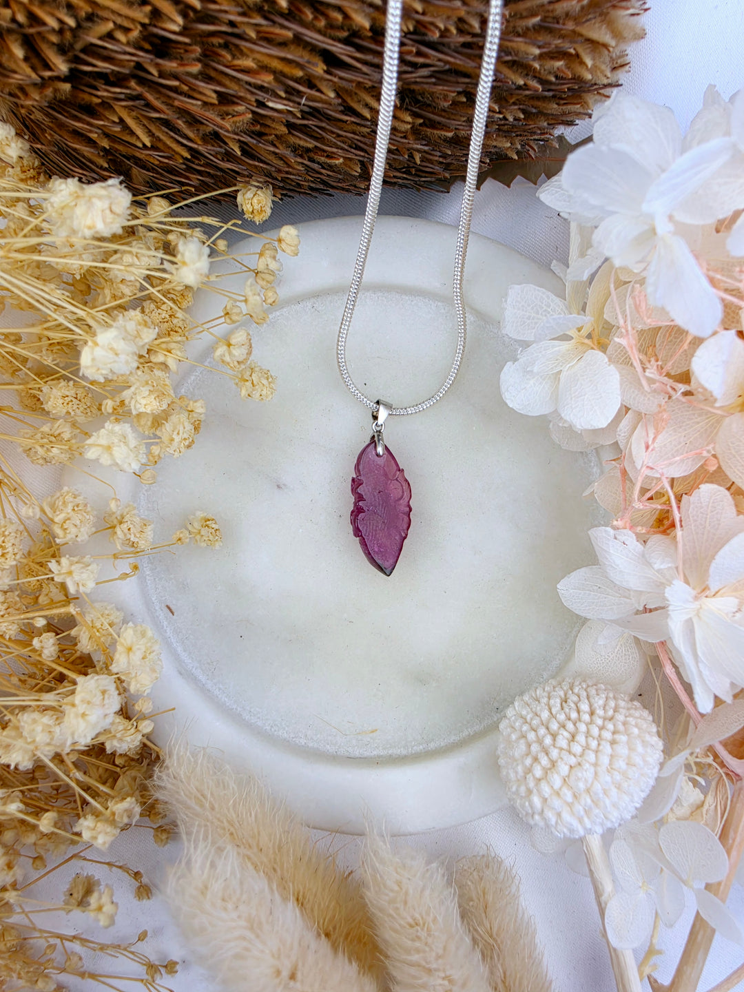 Pink Tourmaline Peony Flower Silver Pendant