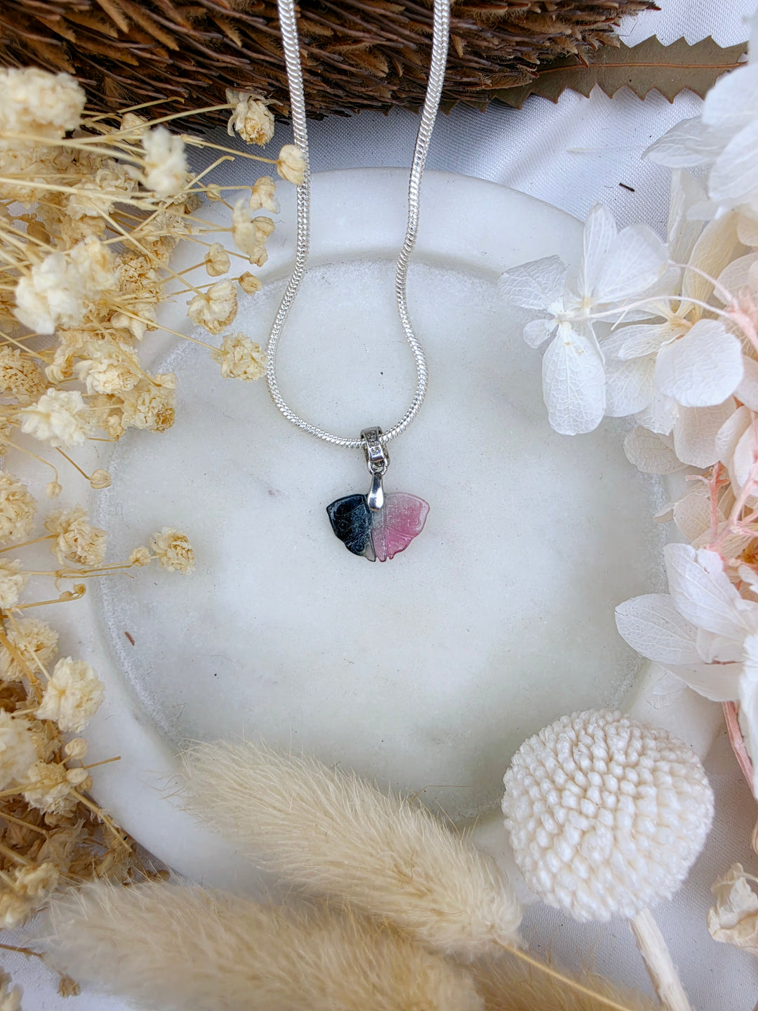 Indicolite (Blue) & Pink Tourmaline Butterfly Silver Pendant