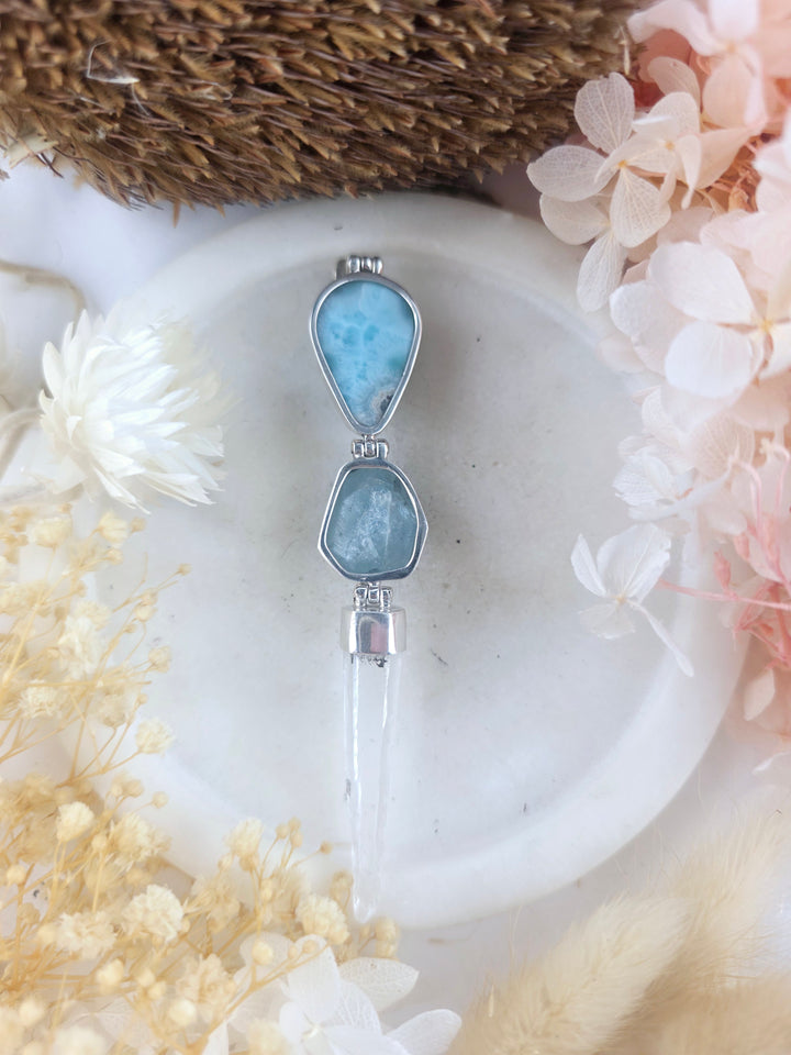 Aquamarine, Larimar & Clear Quartz Wand Silver Pendant