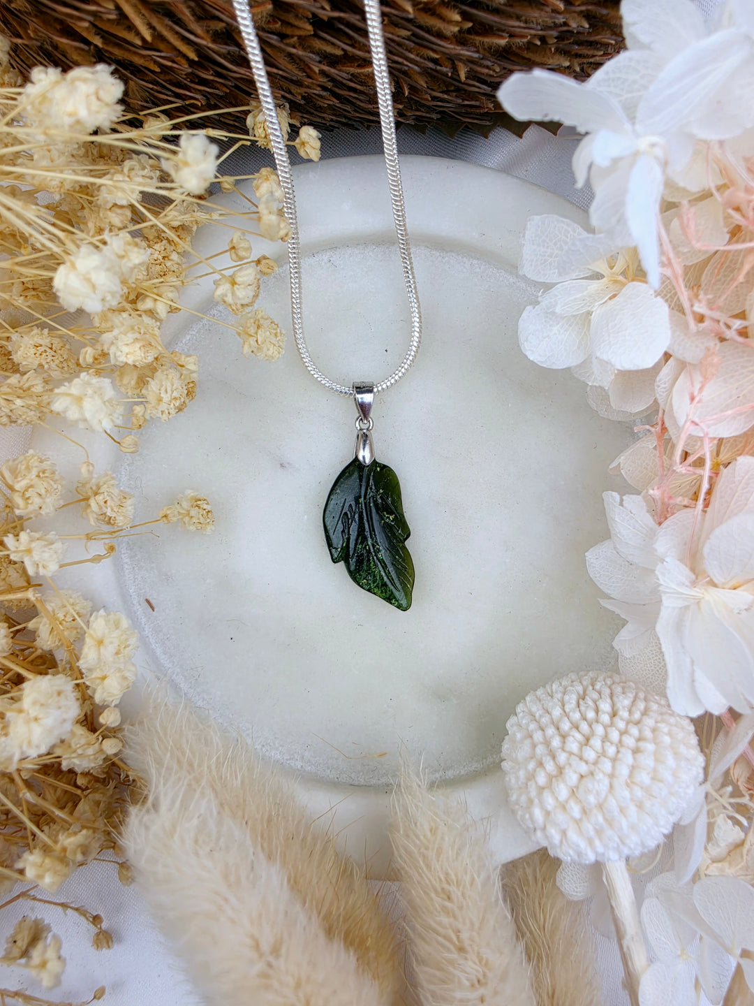 Green Tourmaline Leaf Silver Pendant