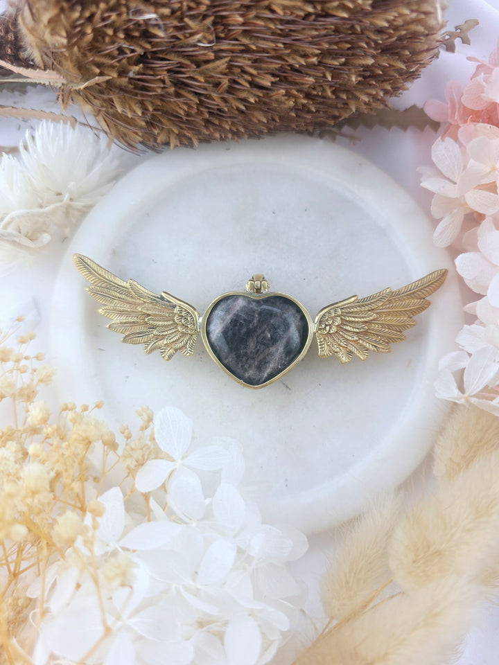 Black Moonstone Winged Heart Brass Pendant