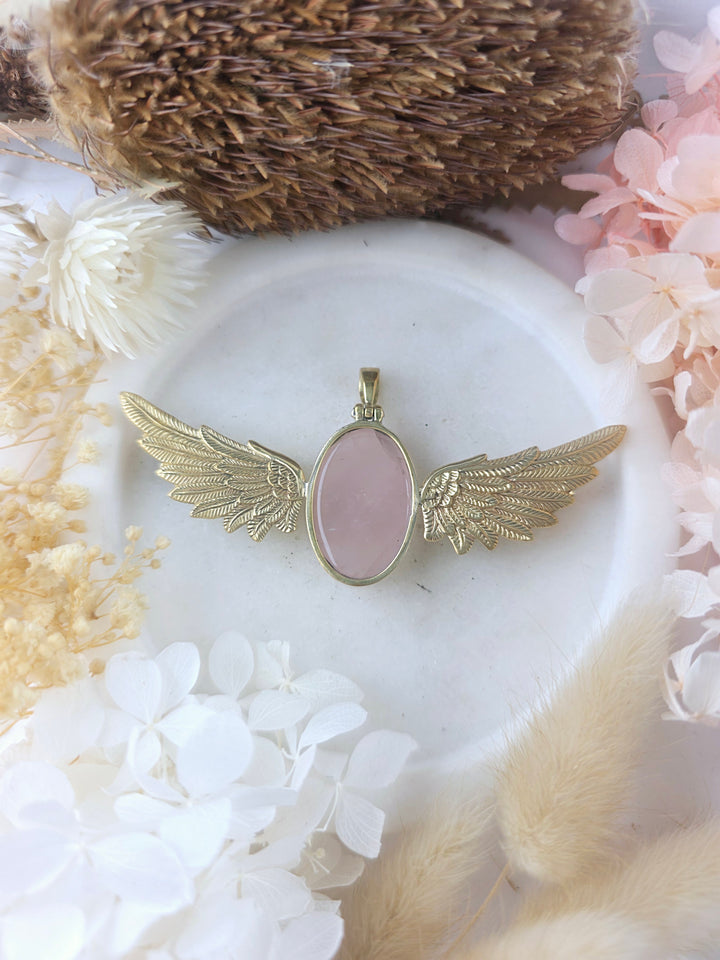 Rose Quartz Winged Goddess Brass Pendant