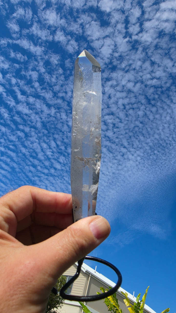 Lemurian with Black Chlorite Phantom Quartz with Metal Stand