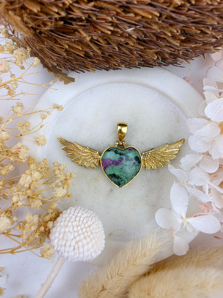 Ruby Zoisite Anahata Heart Brass Pendant