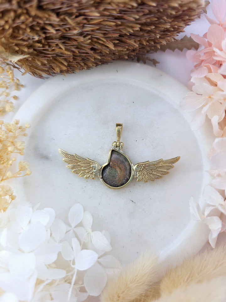 Ammonite Fossil Winged Brass Pendant #1B