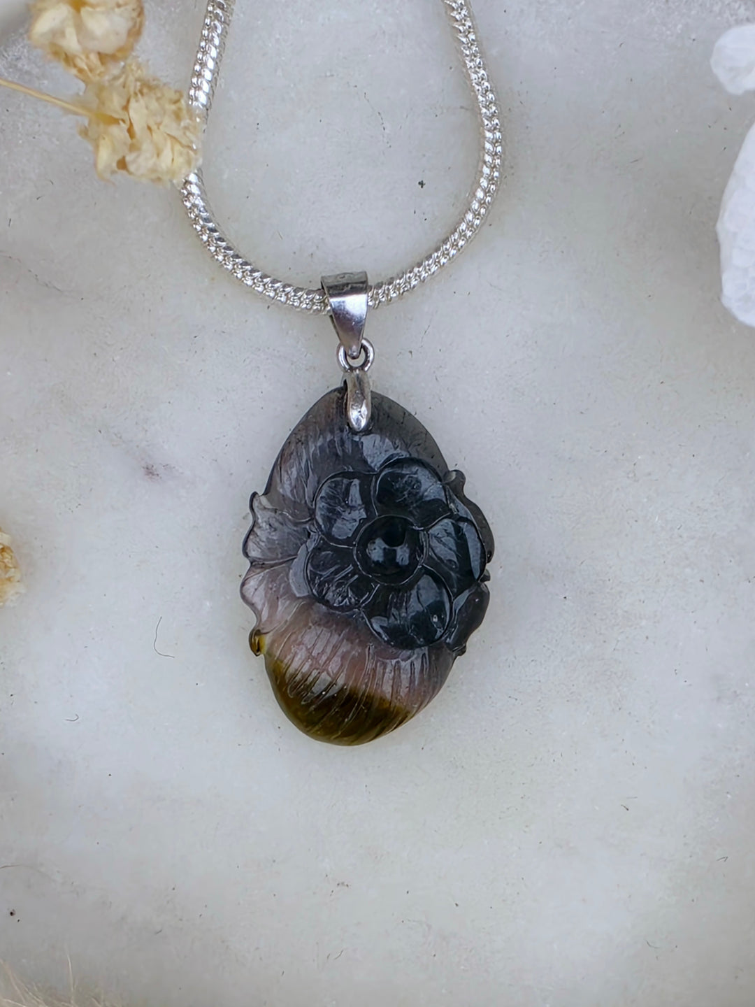 Indicolite (Blue) & Watermelon Tourmaline Peony Silver Pendant