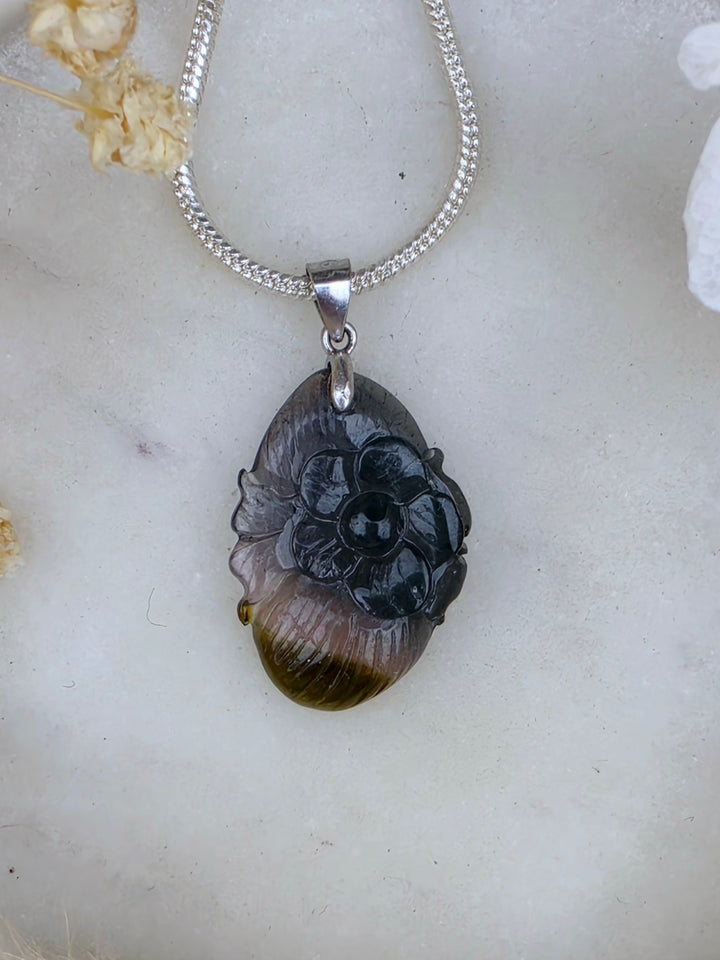 Indicolite (Blue) & Watermelon Tourmaline Peony Silver Pendant