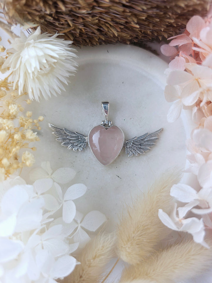 Rose Quartz Heart Winged Goddess Silver Pendant