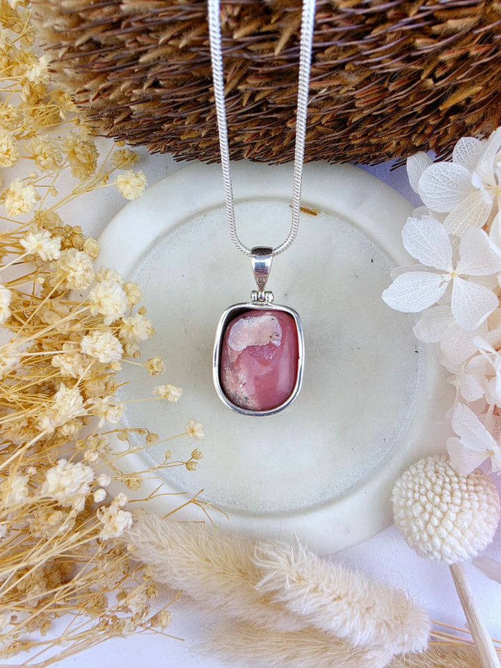 Pink Opal Tumbled Silver Pendant