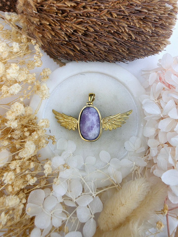 Lepidolite Anahata Brass Pendant