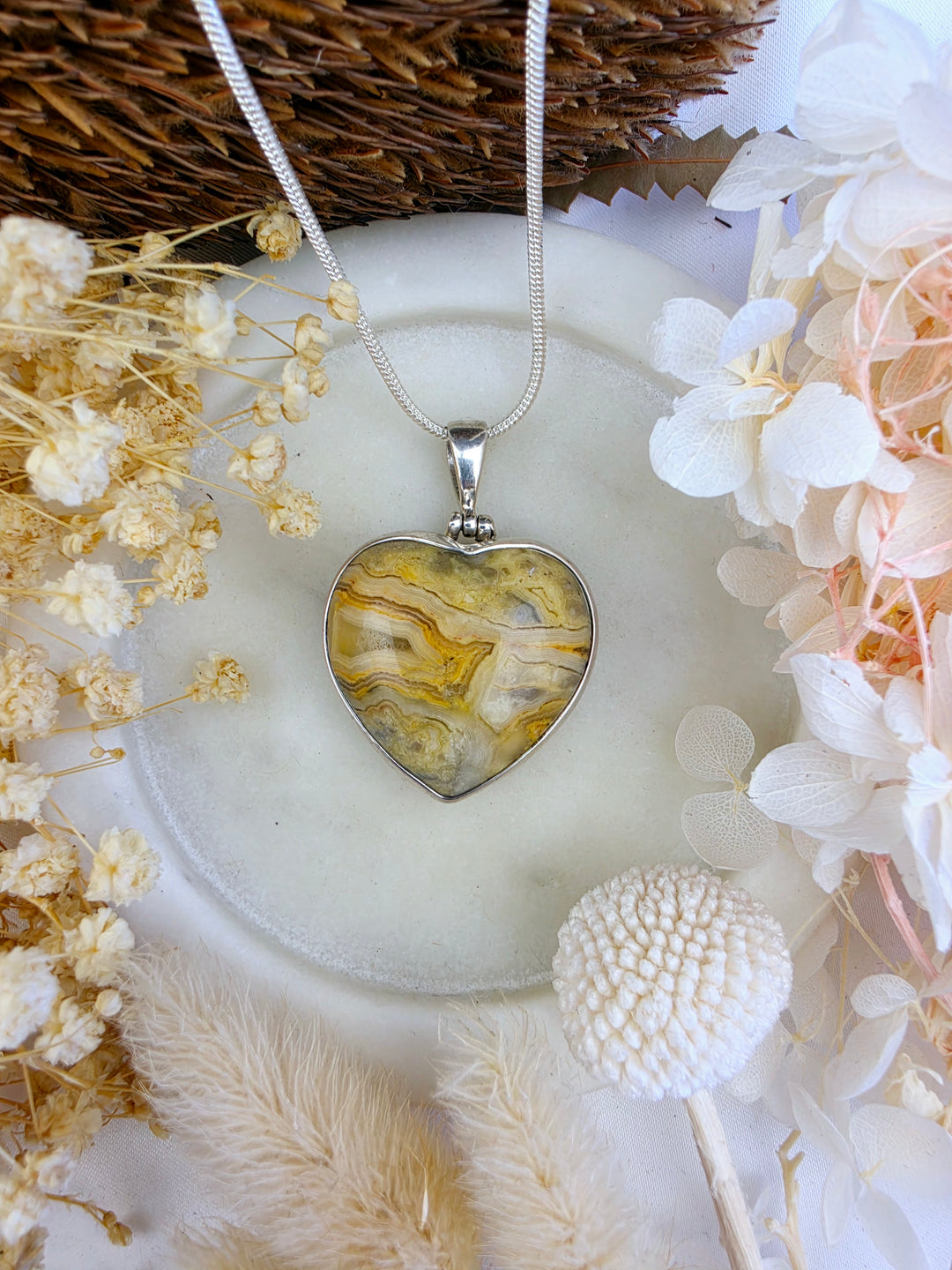 Crazy Lace Agate Heart Silver Pendant