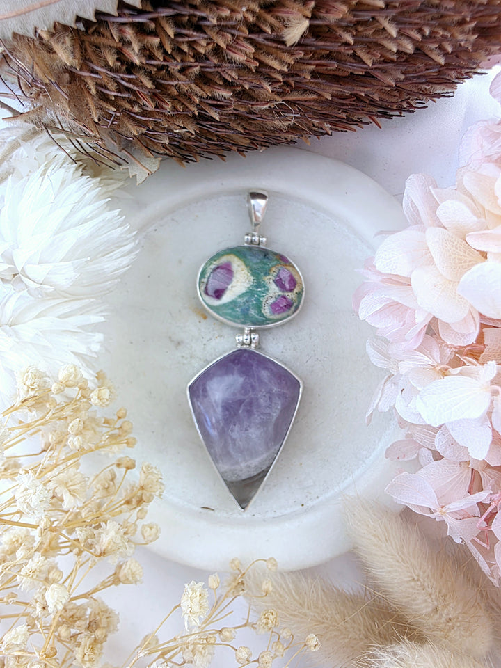 Ruby Fuchsite & Amethyst Silver Pendant