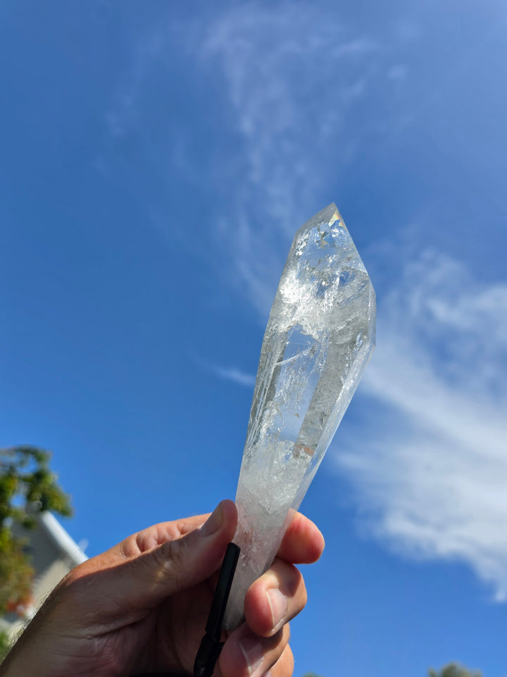 Lemurian with Black Chlorite Phantom Quartz with Metal Stand - Ancient Wisdom