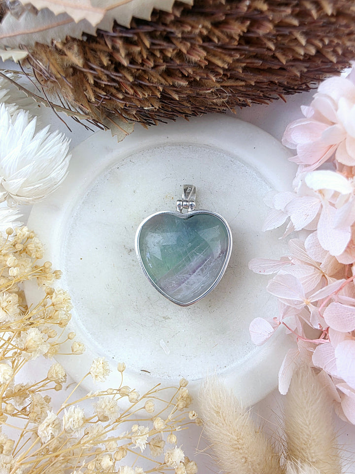 Rainbow Fluorite Heart Silver Pendant