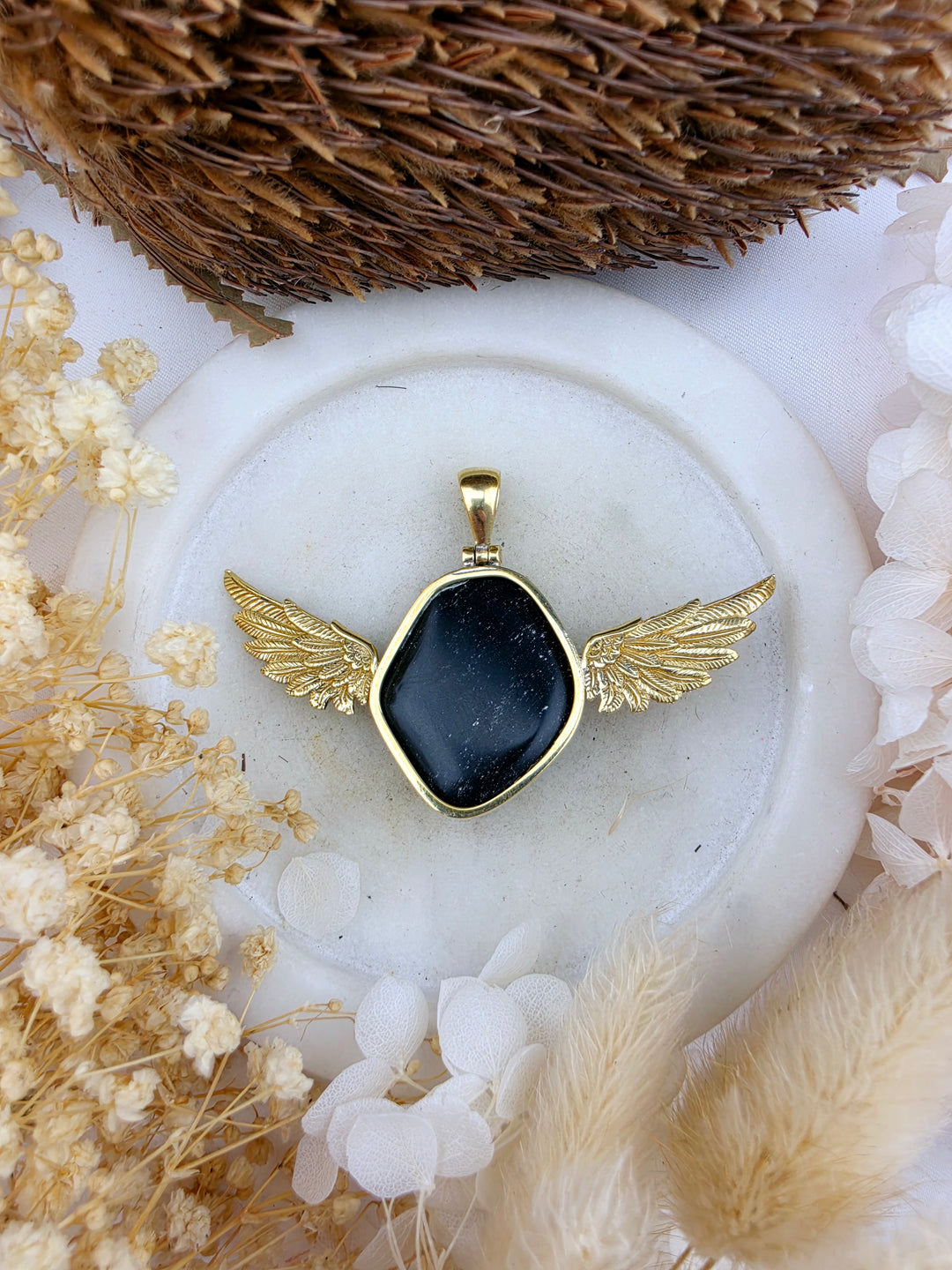 Black Obsidian Anahata Brass Pendant