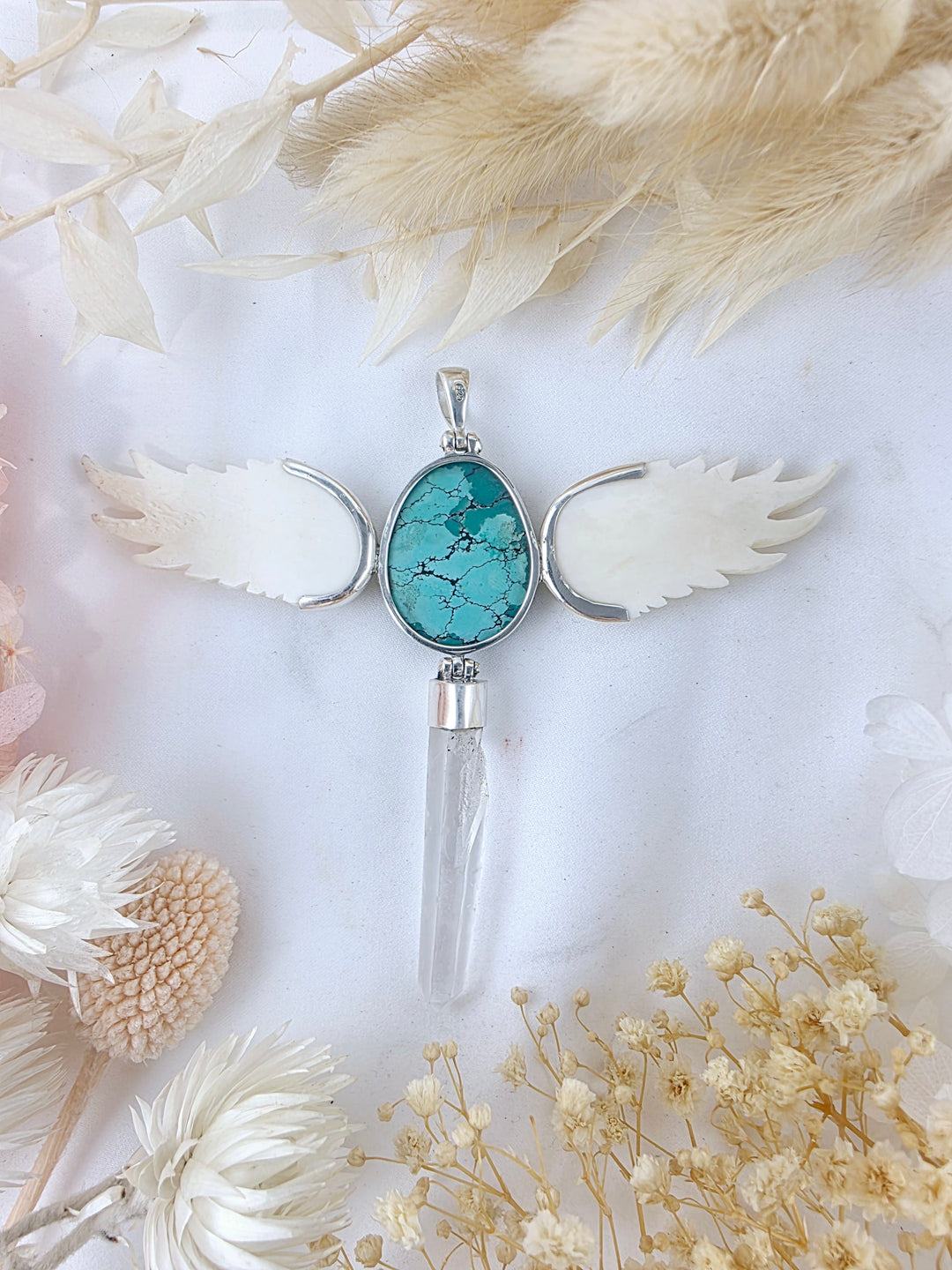 Turquoise, Clear Quartz Wand & Goddess Wings Silver Pendant